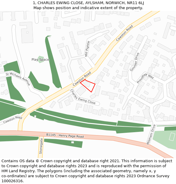 1, CHARLES EWING CLOSE, AYLSHAM, NORWICH, NR11 6LJ: Location map and indicative extent of plot