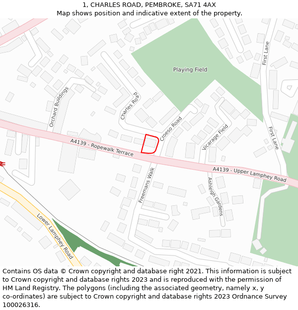 1, CHARLES ROAD, PEMBROKE, SA71 4AX: Location map and indicative extent of plot