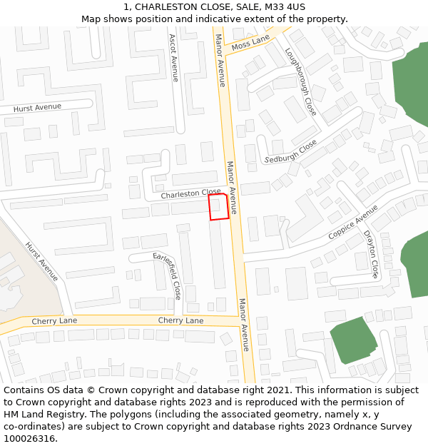 1, CHARLESTON CLOSE, SALE, M33 4US: Location map and indicative extent of plot