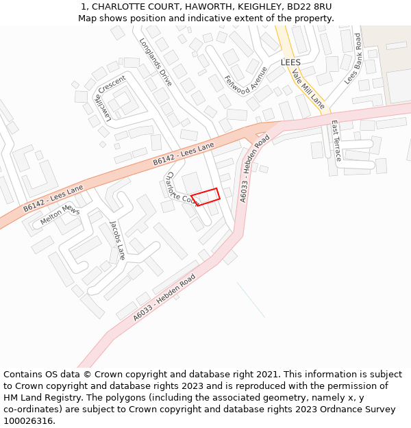 1, CHARLOTTE COURT, HAWORTH, KEIGHLEY, BD22 8RU: Location map and indicative extent of plot