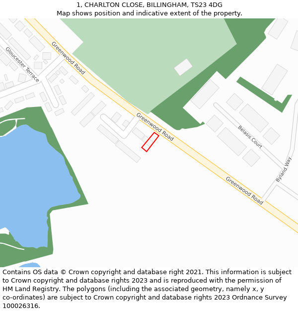 1, CHARLTON CLOSE, BILLINGHAM, TS23 4DG: Location map and indicative extent of plot