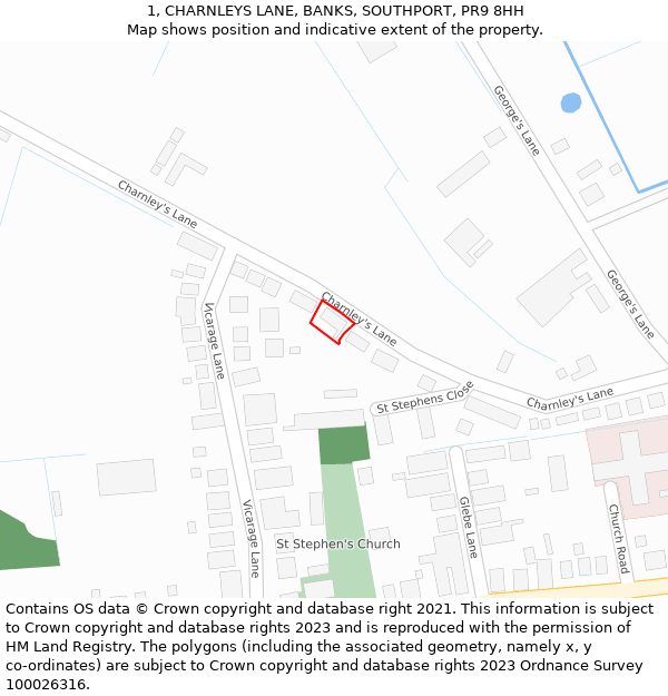 1, CHARNLEYS LANE, BANKS, SOUTHPORT, PR9 8HH: Location map and indicative extent of plot