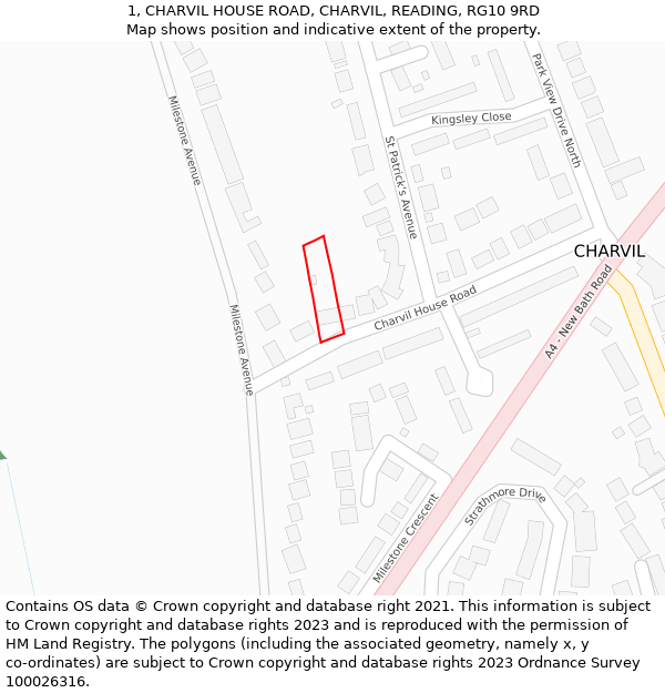 1, CHARVIL HOUSE ROAD, CHARVIL, READING, RG10 9RD: Location map and indicative extent of plot