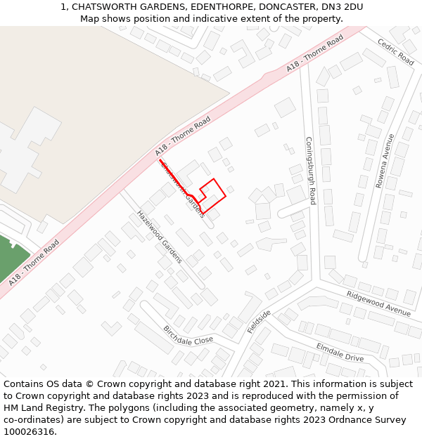 1, CHATSWORTH GARDENS, EDENTHORPE, DONCASTER, DN3 2DU: Location map and indicative extent of plot