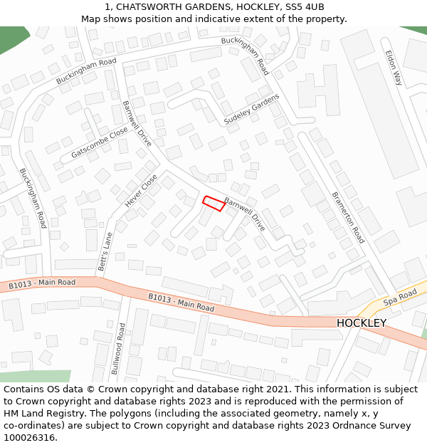 1, CHATSWORTH GARDENS, HOCKLEY, SS5 4UB: Location map and indicative extent of plot