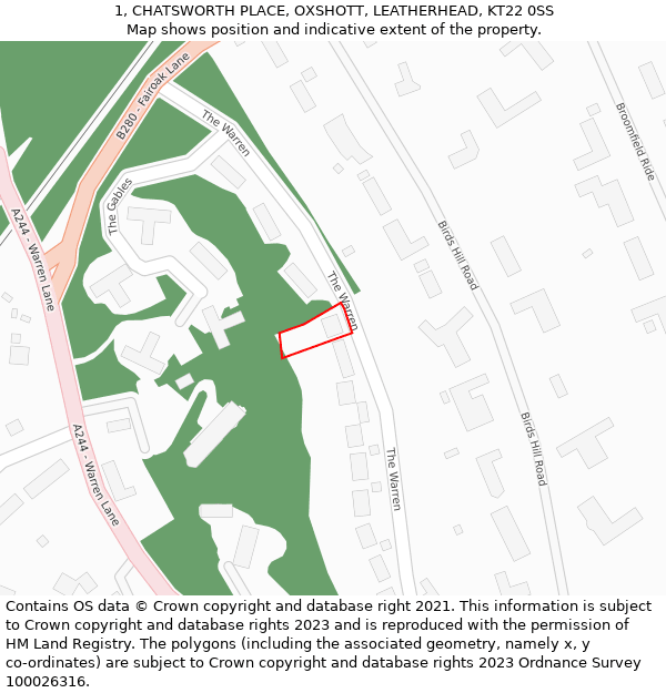 1, CHATSWORTH PLACE, OXSHOTT, LEATHERHEAD, KT22 0SS: Location map and indicative extent of plot