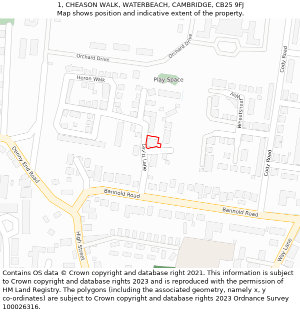 1, CHEASON WALK, WATERBEACH, CAMBRIDGE, CB25 9FJ: Location map and indicative extent of plot