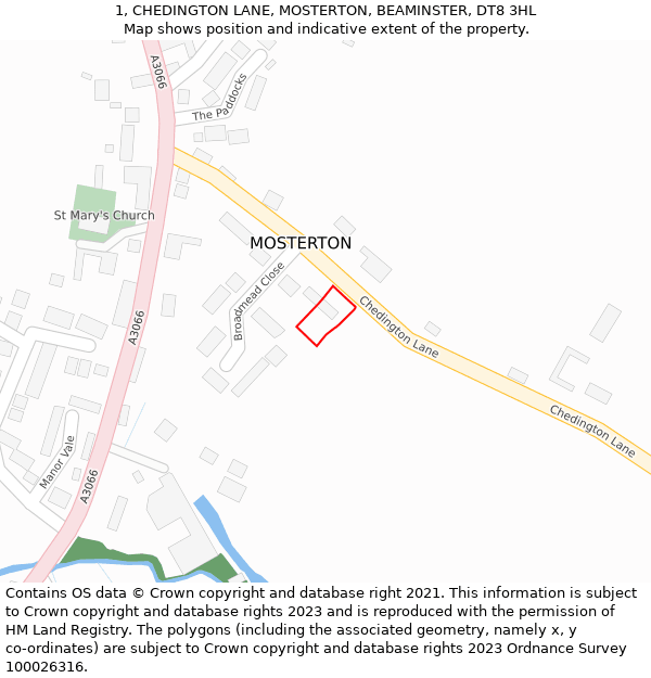 1, CHEDINGTON LANE, MOSTERTON, BEAMINSTER, DT8 3HL: Location map and indicative extent of plot