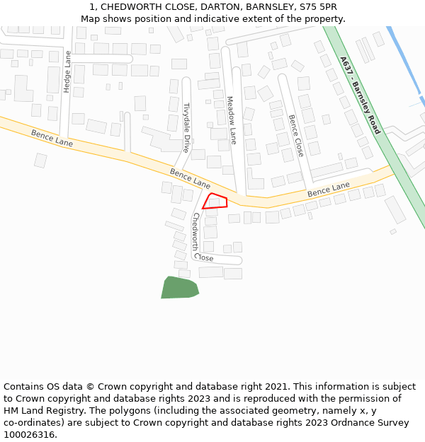 1, CHEDWORTH CLOSE, DARTON, BARNSLEY, S75 5PR: Location map and indicative extent of plot