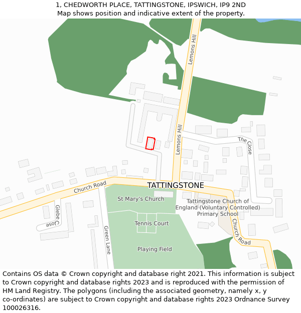 1, CHEDWORTH PLACE, TATTINGSTONE, IPSWICH, IP9 2ND: Location map and indicative extent of plot