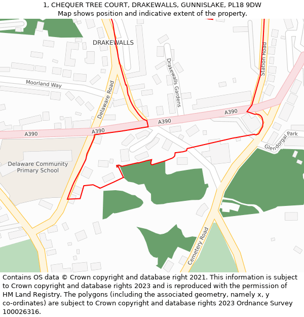 1, CHEQUER TREE COURT, DRAKEWALLS, GUNNISLAKE, PL18 9DW: Location map and indicative extent of plot