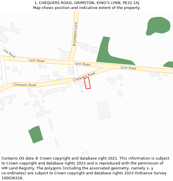 1, CHEQUERS ROAD, GRIMSTON, KING'S LYNN, PE32 1AJ: Location map and indicative extent of plot