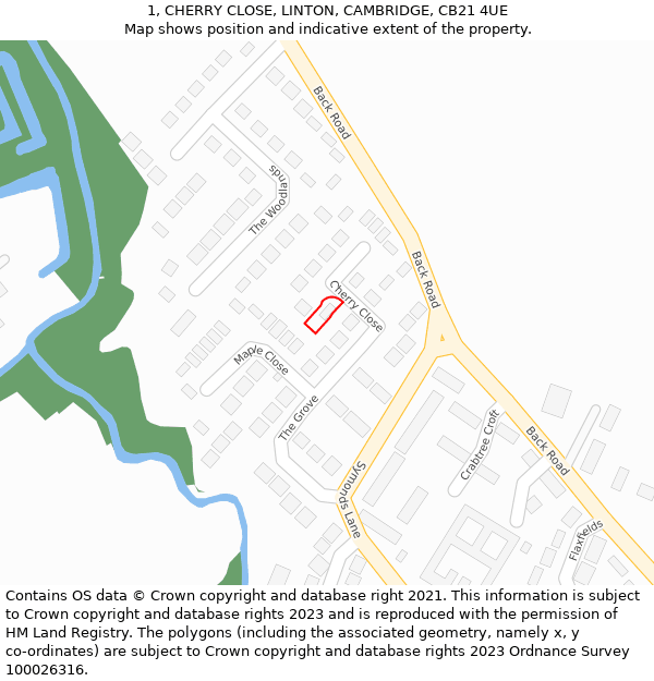 1, CHERRY CLOSE, LINTON, CAMBRIDGE, CB21 4UE: Location map and indicative extent of plot