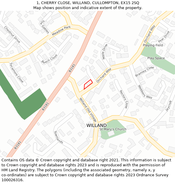 1, CHERRY CLOSE, WILLAND, CULLOMPTON, EX15 2SQ: Location map and indicative extent of plot