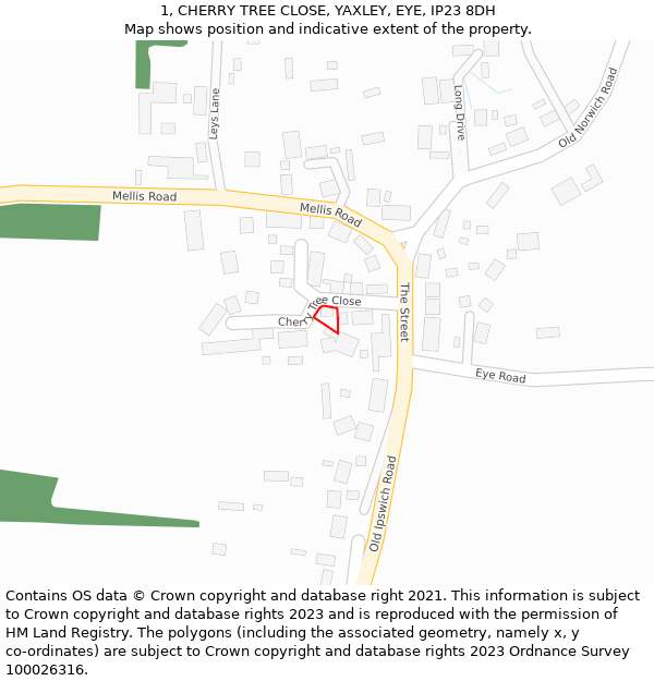 1, CHERRY TREE CLOSE, YAXLEY, EYE, IP23 8DH: Location map and indicative extent of plot