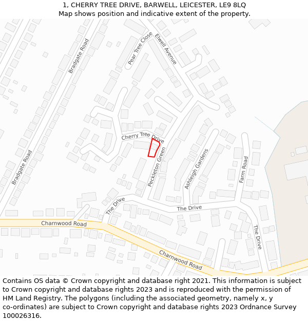 1, CHERRY TREE DRIVE, BARWELL, LEICESTER, LE9 8LQ: Location map and indicative extent of plot