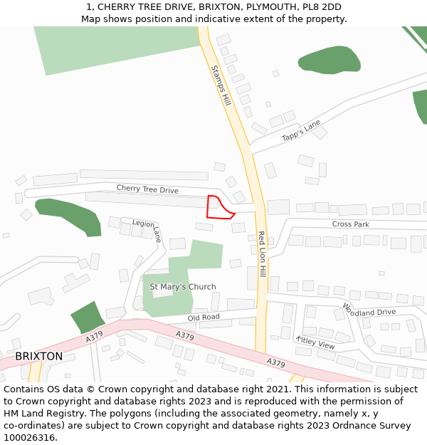 1, CHERRY TREE DRIVE, BRIXTON, PLYMOUTH, PL8 2DD: Location map and indicative extent of plot