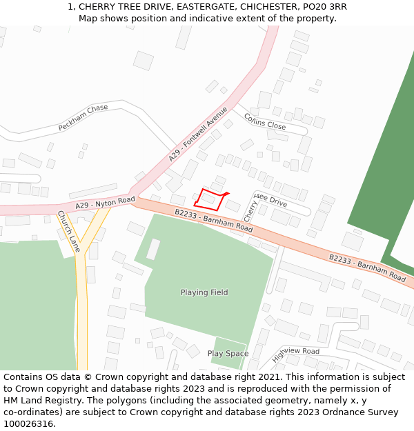1, CHERRY TREE DRIVE, EASTERGATE, CHICHESTER, PO20 3RR: Location map and indicative extent of plot