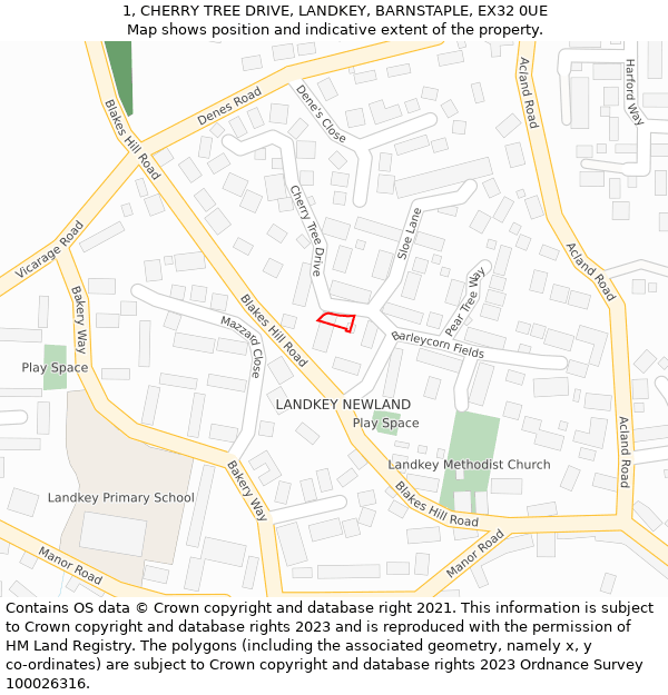 1, CHERRY TREE DRIVE, LANDKEY, BARNSTAPLE, EX32 0UE: Location map and indicative extent of plot