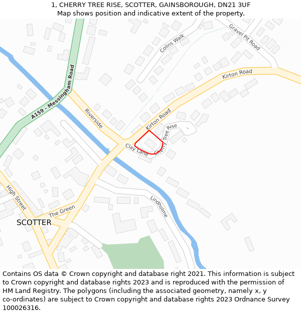 1, CHERRY TREE RISE, SCOTTER, GAINSBOROUGH, DN21 3UF: Location map and indicative extent of plot