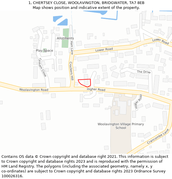 1, CHERTSEY CLOSE, WOOLAVINGTON, BRIDGWATER, TA7 8EB: Location map and indicative extent of plot