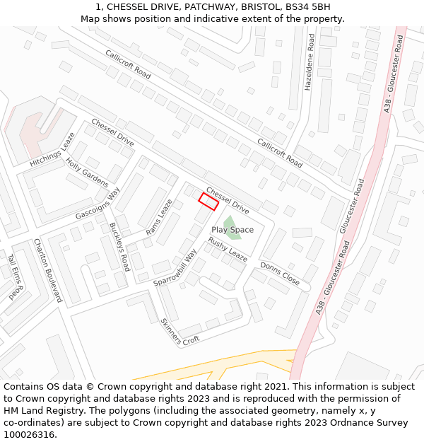 1, CHESSEL DRIVE, PATCHWAY, BRISTOL, BS34 5BH: Location map and indicative extent of plot