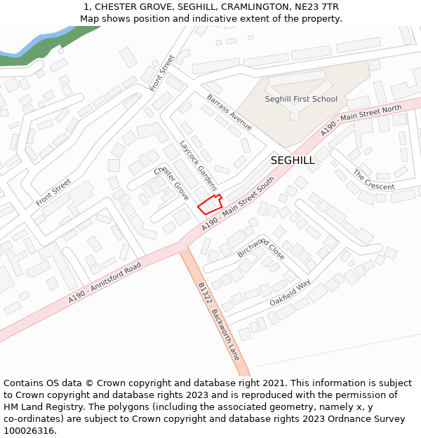 1, CHESTER GROVE, SEGHILL, CRAMLINGTON, NE23 7TR: Location map and indicative extent of plot