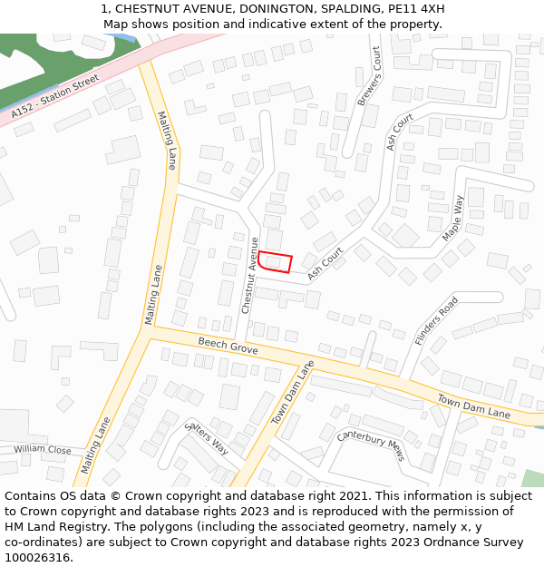 1, CHESTNUT AVENUE, DONINGTON, SPALDING, PE11 4XH: Location map and indicative extent of plot