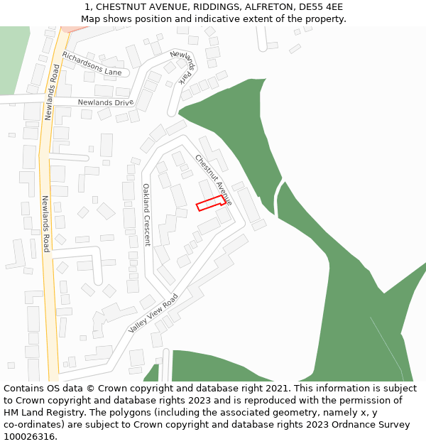 1, CHESTNUT AVENUE, RIDDINGS, ALFRETON, DE55 4EE: Location map and indicative extent of plot