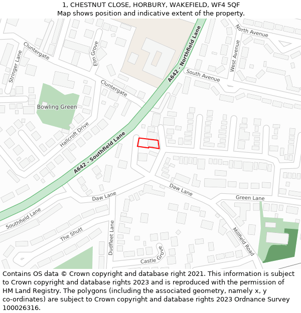 1, CHESTNUT CLOSE, HORBURY, WAKEFIELD, WF4 5QF: Location map and indicative extent of plot