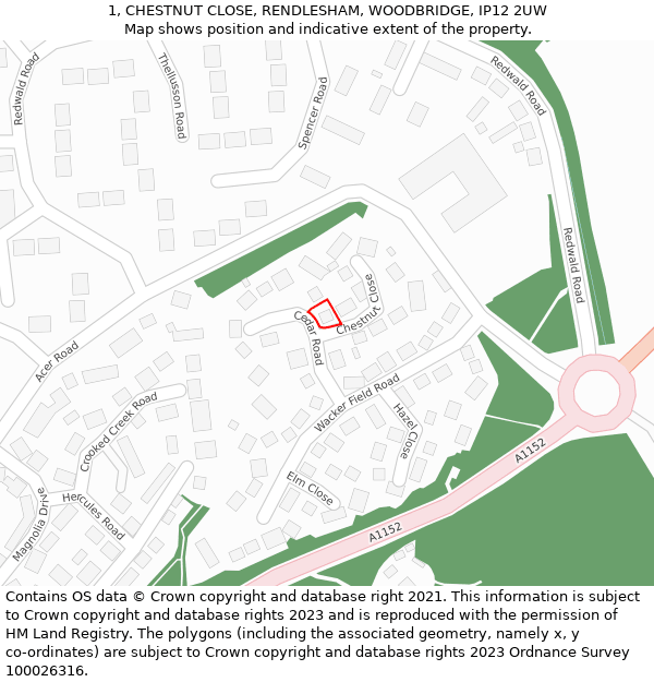 1, CHESTNUT CLOSE, RENDLESHAM, WOODBRIDGE, IP12 2UW: Location map and indicative extent of plot
