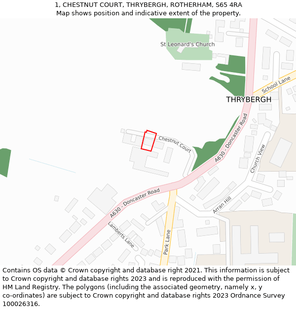 1, CHESTNUT COURT, THRYBERGH, ROTHERHAM, S65 4RA: Location map and indicative extent of plot