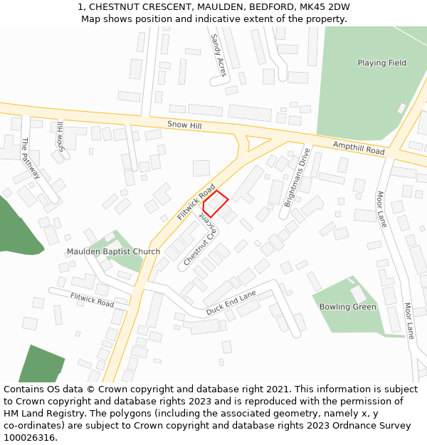 1, CHESTNUT CRESCENT, MAULDEN, BEDFORD, MK45 2DW: Location map and indicative extent of plot