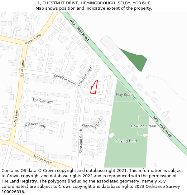 1, CHESTNUT DRIVE, HEMINGBROUGH, SELBY, YO8 6UE: Location map and indicative extent of plot