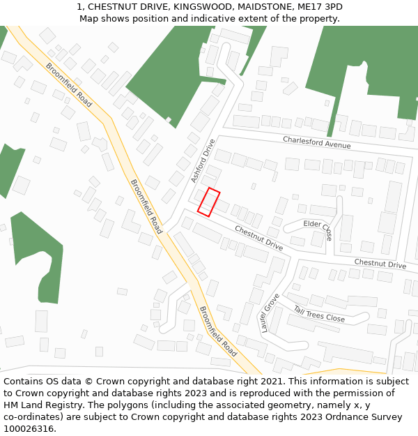 1, CHESTNUT DRIVE, KINGSWOOD, MAIDSTONE, ME17 3PD: Location map and indicative extent of plot
