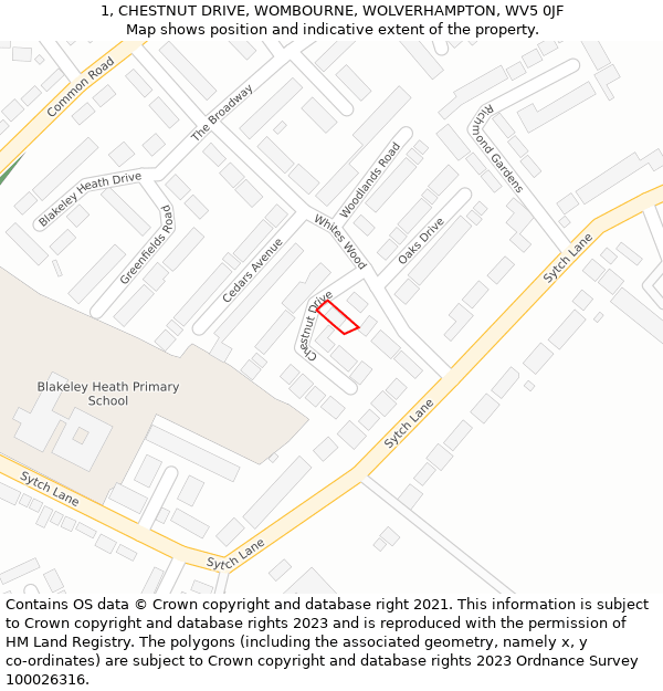 1, CHESTNUT DRIVE, WOMBOURNE, WOLVERHAMPTON, WV5 0JF: Location map and indicative extent of plot