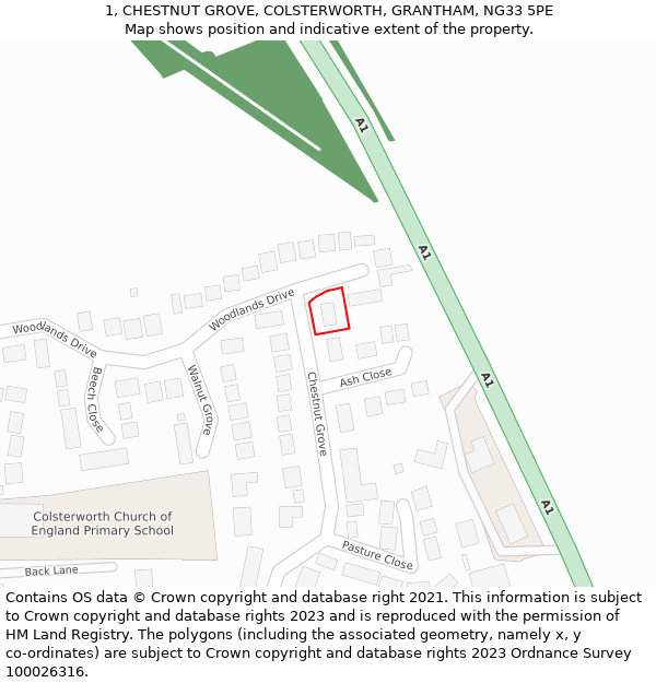 1, CHESTNUT GROVE, COLSTERWORTH, GRANTHAM, NG33 5PE: Location map and indicative extent of plot