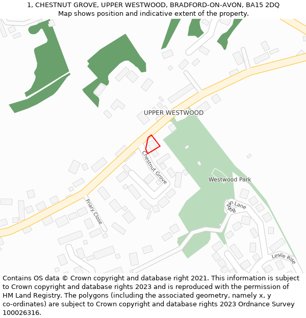 1, CHESTNUT GROVE, UPPER WESTWOOD, BRADFORD-ON-AVON, BA15 2DQ: Location map and indicative extent of plot