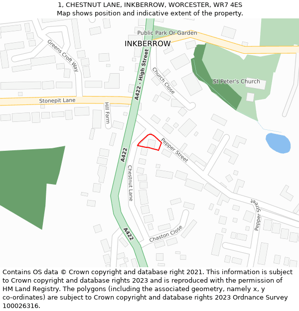 1, CHESTNUT LANE, INKBERROW, WORCESTER, WR7 4ES: Location map and indicative extent of plot