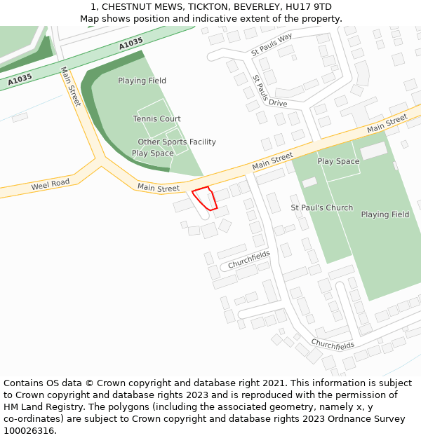 1, CHESTNUT MEWS, TICKTON, BEVERLEY, HU17 9TD: Location map and indicative extent of plot