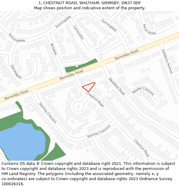1, CHESTNUT ROAD, WALTHAM, GRIMSBY, DN37 0DF: Location map and indicative extent of plot