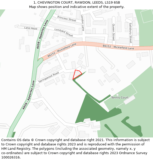 1, CHEVINGTON COURT, RAWDON, LEEDS, LS19 6SB: Location map and indicative extent of plot