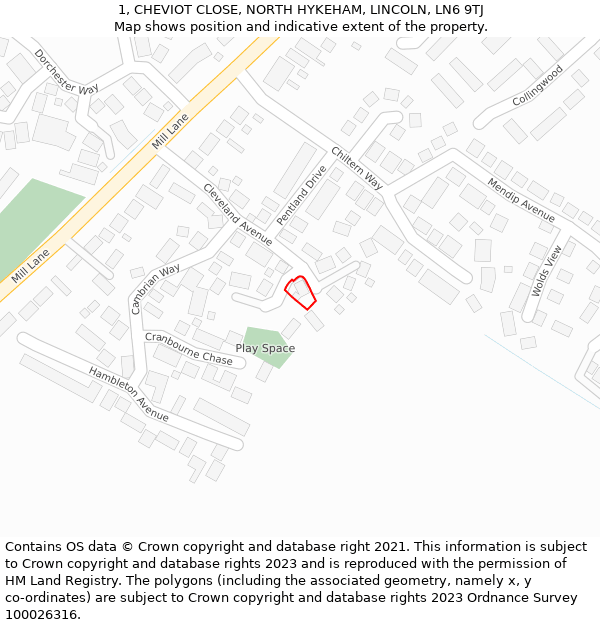 1, CHEVIOT CLOSE, NORTH HYKEHAM, LINCOLN, LN6 9TJ: Location map and indicative extent of plot