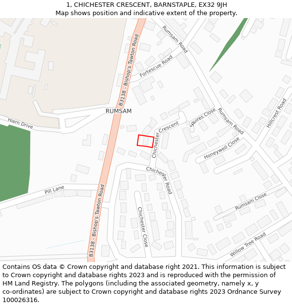 1, CHICHESTER CRESCENT, BARNSTAPLE, EX32 9JH: Location map and indicative extent of plot