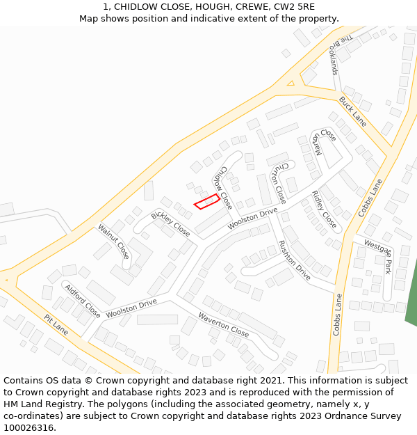 1, CHIDLOW CLOSE, HOUGH, CREWE, CW2 5RE: Location map and indicative extent of plot