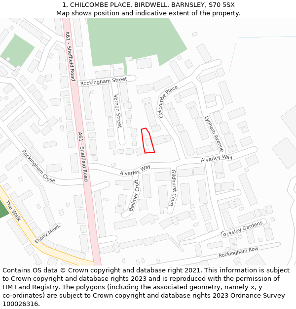 1, CHILCOMBE PLACE, BIRDWELL, BARNSLEY, S70 5SX: Location map and indicative extent of plot