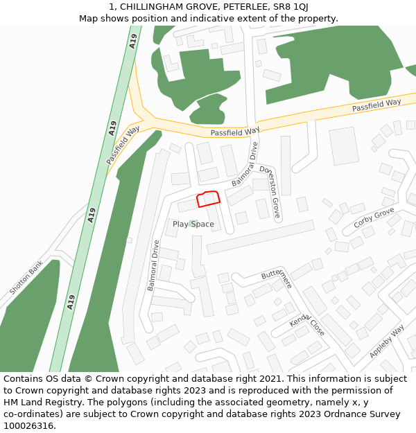 1, CHILLINGHAM GROVE, PETERLEE, SR8 1QJ: Location map and indicative extent of plot