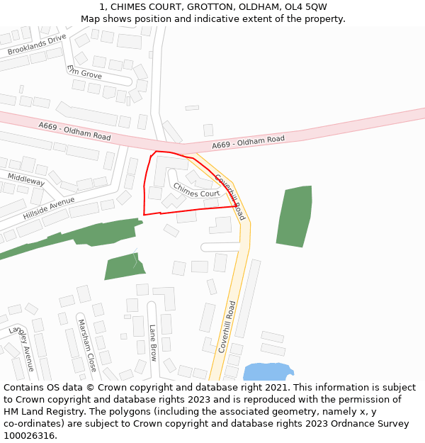 1, CHIMES COURT, GROTTON, OLDHAM, OL4 5QW: Location map and indicative extent of plot