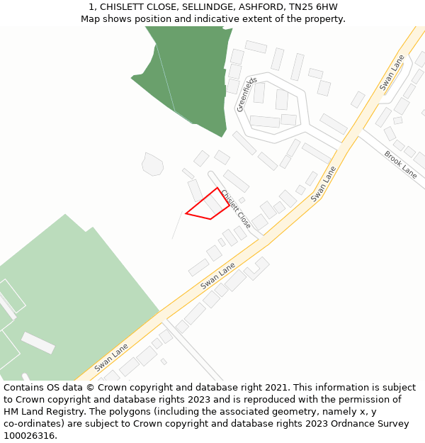 1, CHISLETT CLOSE, SELLINDGE, ASHFORD, TN25 6HW: Location map and indicative extent of plot