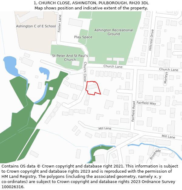 1, CHURCH CLOSE, ASHINGTON, PULBOROUGH, RH20 3DL: Location map and indicative extent of plot